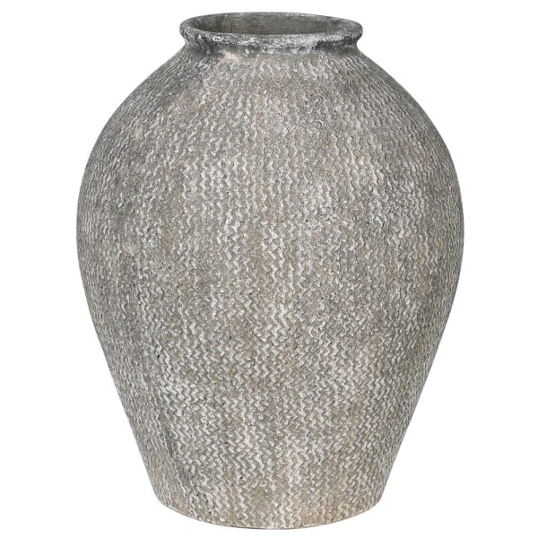 large outside vase  outside vase  grey vase  woven vase  White Vase  Vase  UK  Northern Ireland United Kingdom  Northern Ireland  large vase  Interior soft furnishings  Home decor  distressed vase  concrete look vase. With woven texture, this robust vase lends depth and dimension wherever it’s placed. Simply styled with greenery or blooming branches, this piece features varying eccentricities creating a truly one-of-a-kind look and feel.
