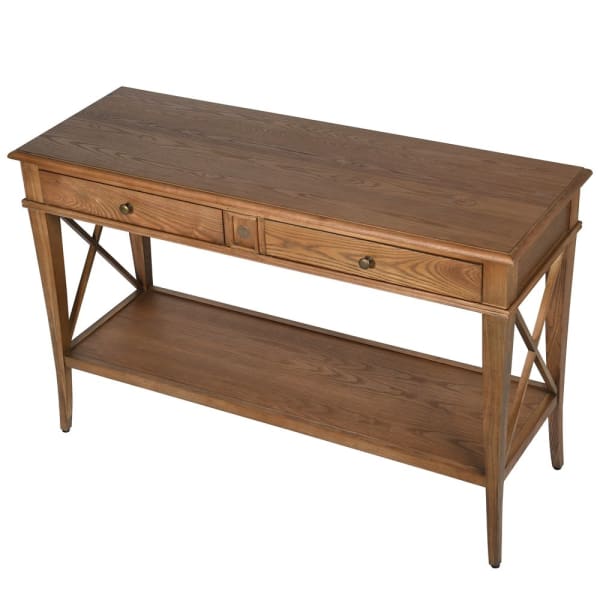 UK  table  sitting room  shelf styling  oak furniture  oak console tale  Northern Ireland United Kingdom  Northern Ireland  Interior soft furnishings  Home decor  entryway table  Console Table Crafted from traditional roots, the Allen Console is finished in rustic oak, bringing a modern update to your space. Rounded details and brass pulls add interest to the sophisticated design, as its simple form makes the perfect base for an entryway, complementing anything from vases to art placed on top.