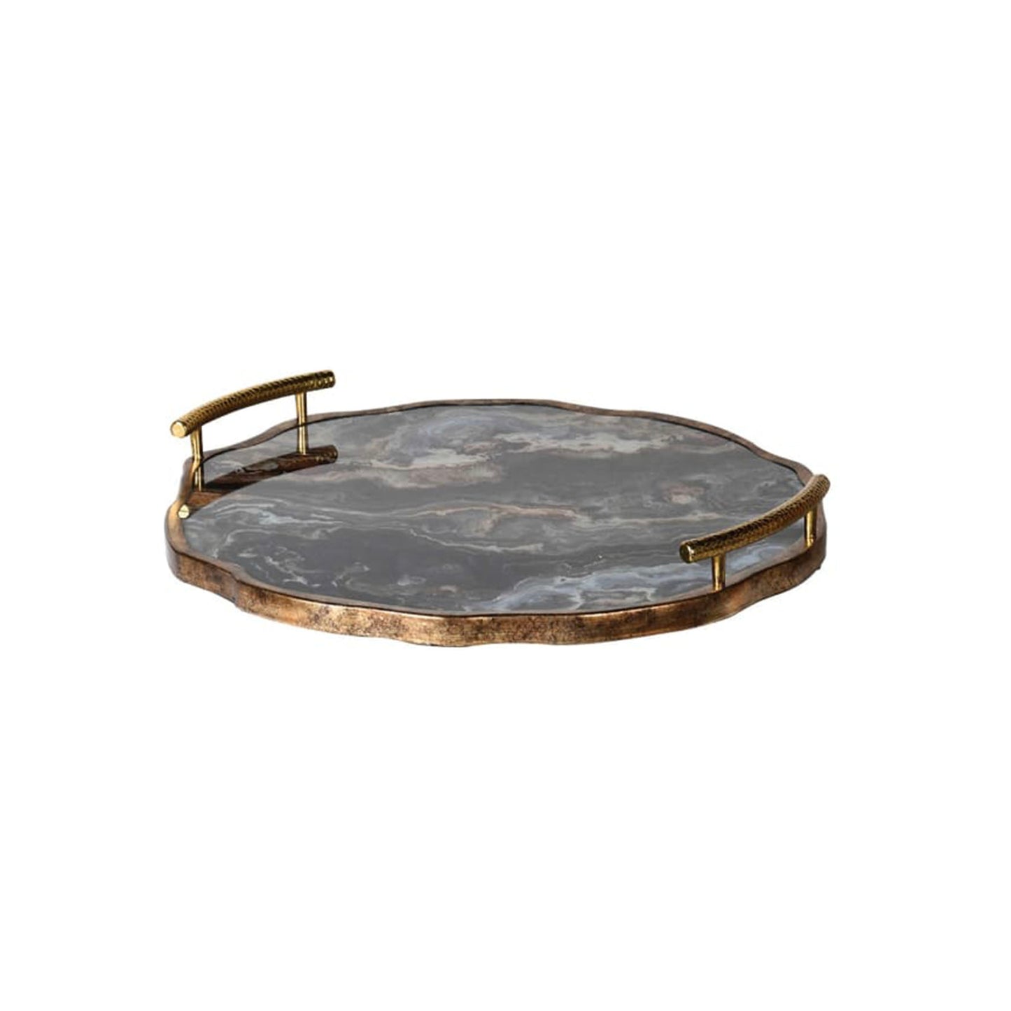 This elegant and bold accessory is perfect for adding dimension, interest and practicality to vignettes on consoles or coffee tables. Complete with two curved handles finished in a bronze metallic edging and the colouring of blue and grey hues this circular tray could be used any where in the home to elevate your styling.