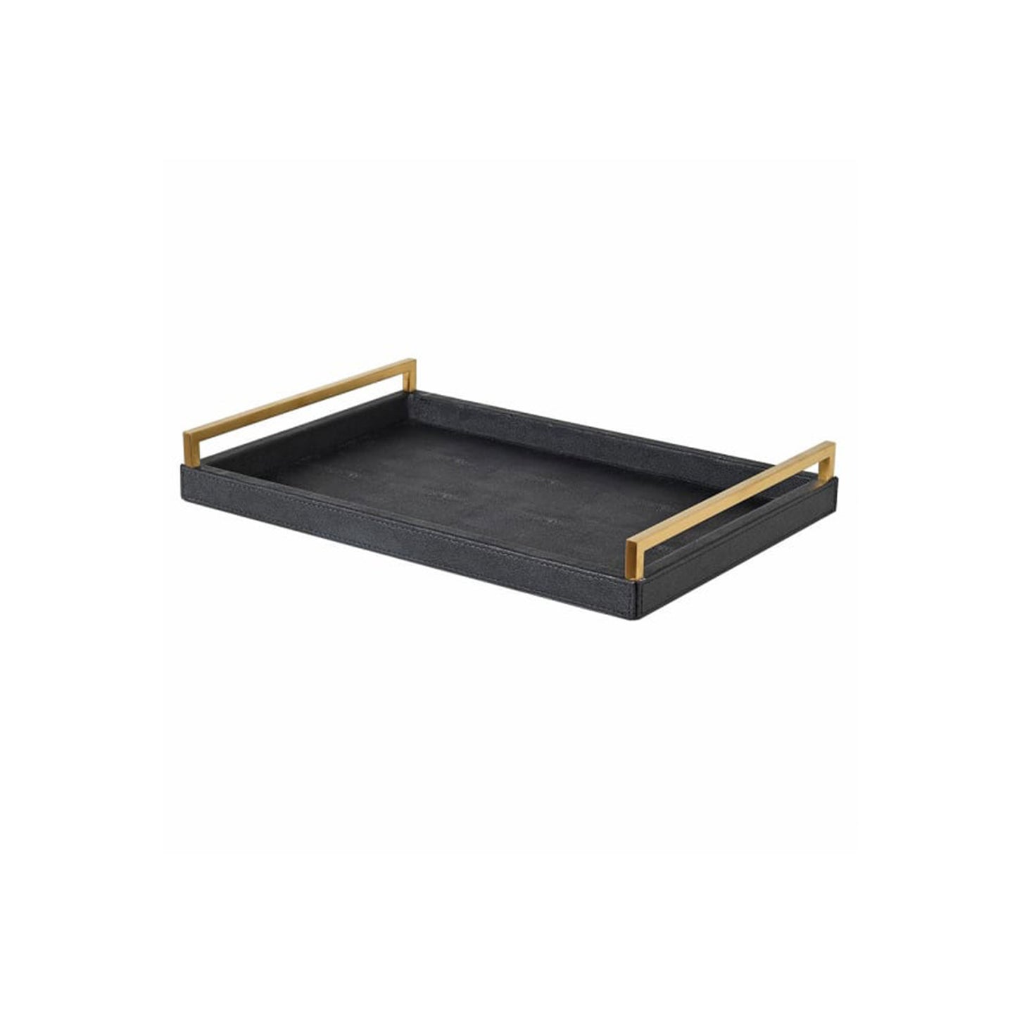 The Allard Tray is perfect for adding dimension and interest to consoles or coffee tables. Its shagreen leather beautifully covers each surface and gold plated handles will seamlessly complement your decor. The Allard tray has a timeless yet modern feel lending itself to almost any interior. The faux shagreen leather adds depth and texture to this tray, allowing any decorative object placed in it to shine.