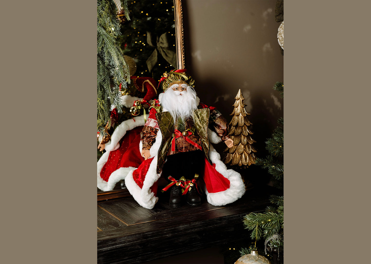 “luxurious white and gold standing Santa Claus Christmas decor”
“elegant Santa figurine for mantel”
“red, gold and green Santa holiday decoration”
“Christmas Santa statue for entryway decor”