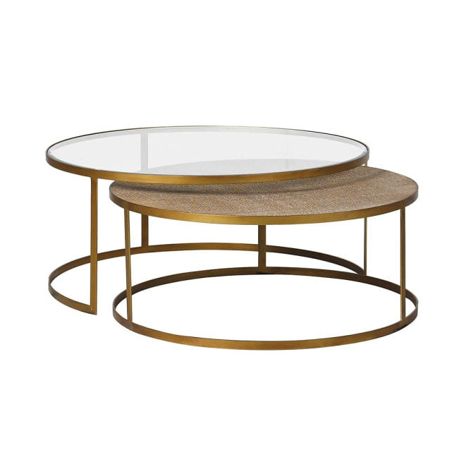 Ophelia Nest of Gold and Rattan Round Coffee Table
