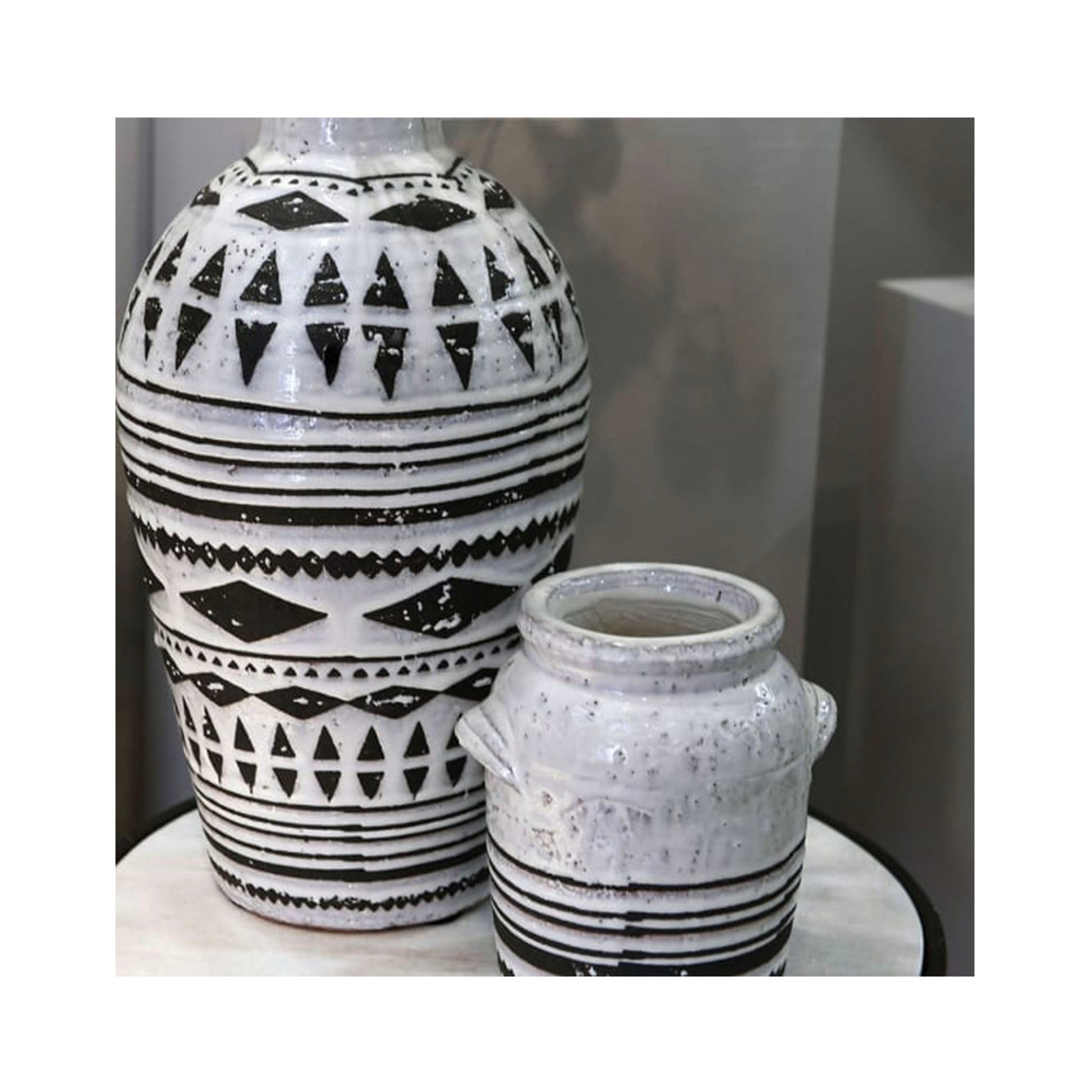 White Vase  white glaze vase  vase styling  vase  Utensil vase  traditional vase  modern vase  glazed vase  distressed vase  crackle vase  ceramic vase  Black and White Aztec Vase  Aztec Vase