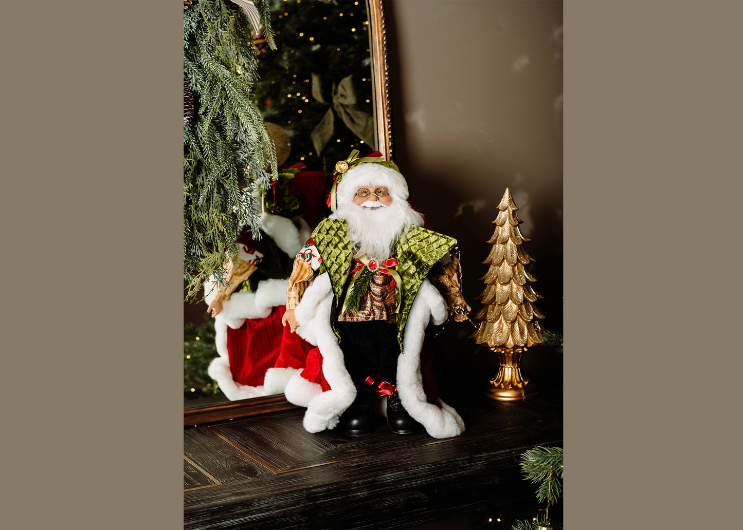 “luxurious white and gold standing Santa Claus Christmas decor”
“elegant Santa figurine for mantel”
“red and green Santa holiday decoration”
“Christmas Santa statue for entryway decor”