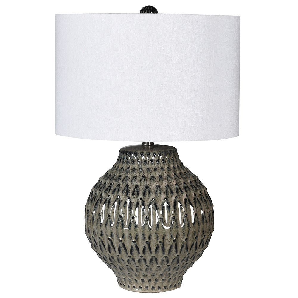Patterned Reactive Glaze Bulbous Table Lamp with Linen Shade
