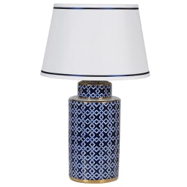 The Cyan's shapely modern base brings a playful element to your space. Its rich blue and  white finish and the wide linen shade complement each other and lend a colourful palette to a console or side table while providing warm light to the room.
