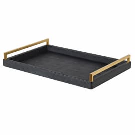 The Allard Tray is perfect for adding dimension and interest to consoles or coffee tables. Its shagreen leather beautifully covers each surface and gold plated handles will seamlessly complement your decor. The Allard tray has a timeless yet modern feel lending itself to almost any interior. The faux shagreen leather adds depth and texture to this tray, allowing any decorative object placed in it to shine.  