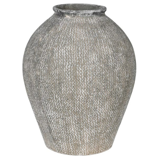 large outside vase  outside vase  grey vase  woven vase  White Vase  Vase  UK  Northern Ireland United Kingdom  Northern Ireland  large vase  Interior soft furnishings  Home decor  distressed vase  concrete look vase. With woven texture, this robust vase lends depth and dimension wherever it’s placed. Simply styled with greenery or blooming branches, this piece features varying eccentricities creating a truly one-of-a-kind look and feel.