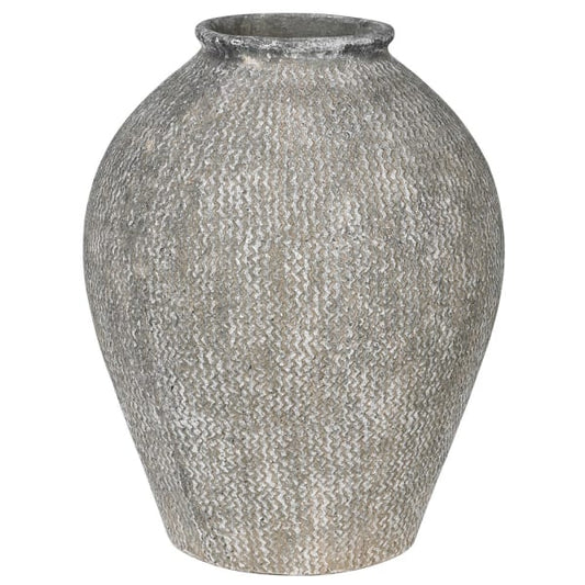 large outside vase  outside vase  grey vase  woven vase  White Vase  Vase  UK  Northern Ireland United Kingdom  Northern Ireland  large vase  Interior soft furnishings  Home decor  distressed vase  concrete look vase. With woven texture, this robust vase lends depth and dimension wherever it’s placed. Simply styled with greenery or blooming branches, this piece features varying eccentricities creating a truly one-of-a-kind look and feel. 