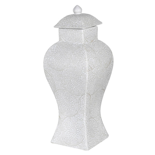 white patterned temple jar  white patterned ginger jar  white ginger jar  white temple jar  temple jar  Small Patterned Ginger Jar  Small Ginger Jar  shelf styling  set of temple jars  patterned temple jar  Patterned Ginger Jar  Larger Patterned Ginger Jar  Large Ginger Jar  ginger jar