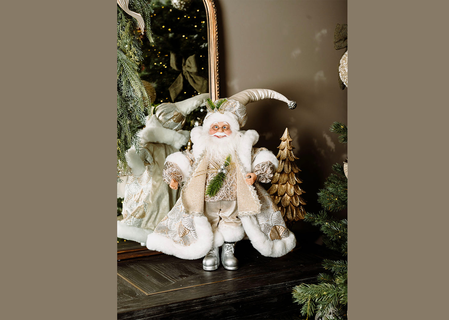 “luxurious white and gold standing Santa Claus Christmas decor”

“elegant Santa figurine for mantel”

“white and gold Santa holiday decoration”

“Christmas Santa statue for entryway decor”