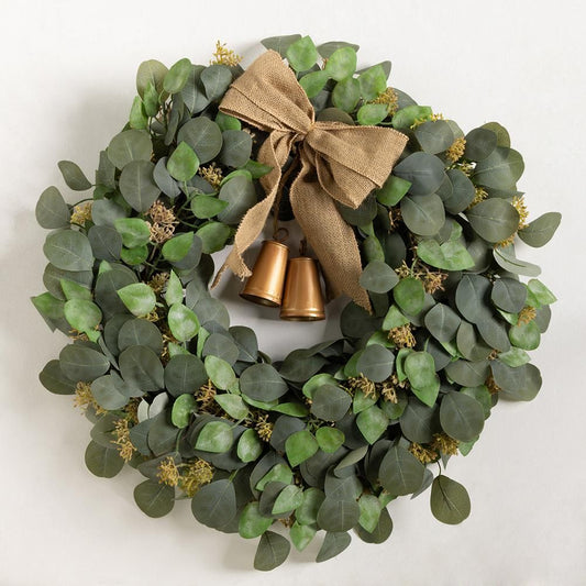 eucalyptus wreath with bells Christmas door decor

rustic eucalyptus Christmas wreath with brass bells

holiday wreath with eucalyptus greenery and bells

neutral Christmas front door wreath eucalyptus