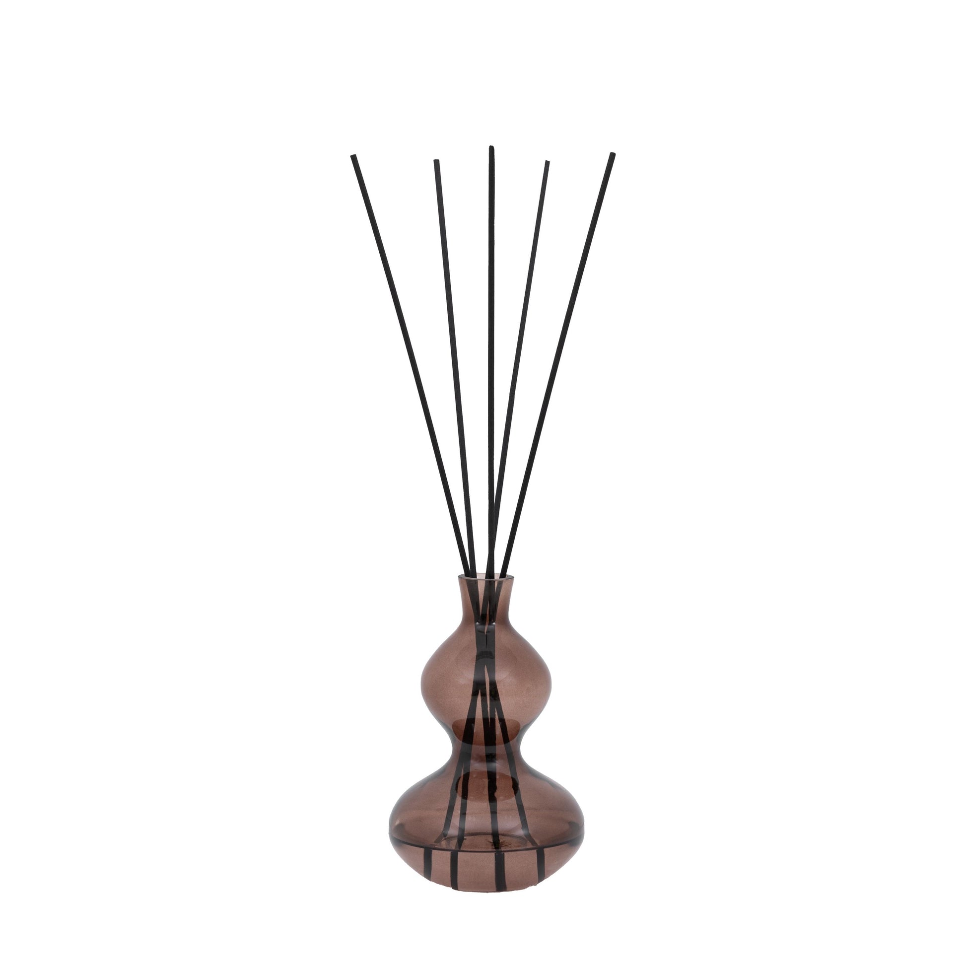 Brown glass reed diffuser with black reeds, featuring a sculptural curved silhouette and rose oud fragrance