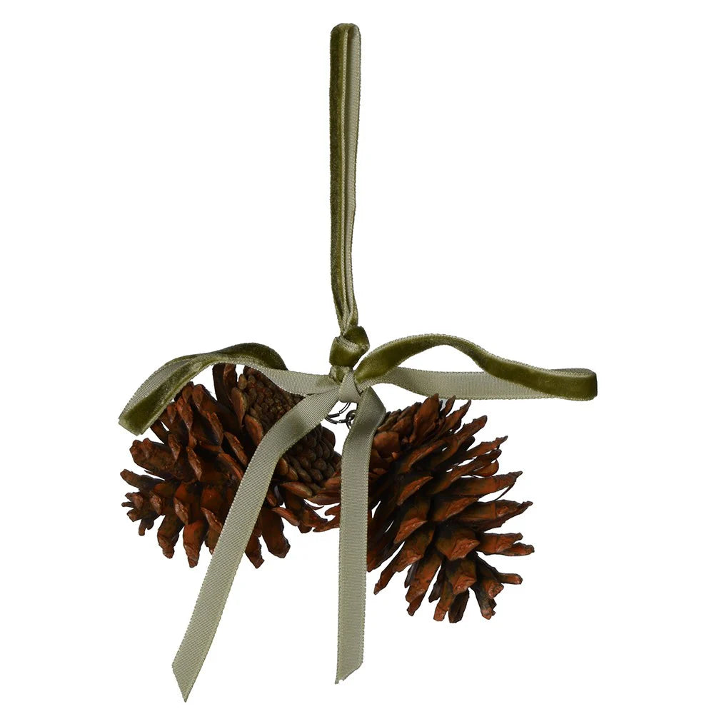 pinecone with sage green ribbon Christmas ornament

rustic pinecone holiday decoration with green ribbon

natural pinecone ornament for Christmas tree

sage green ribbon pinecone décor