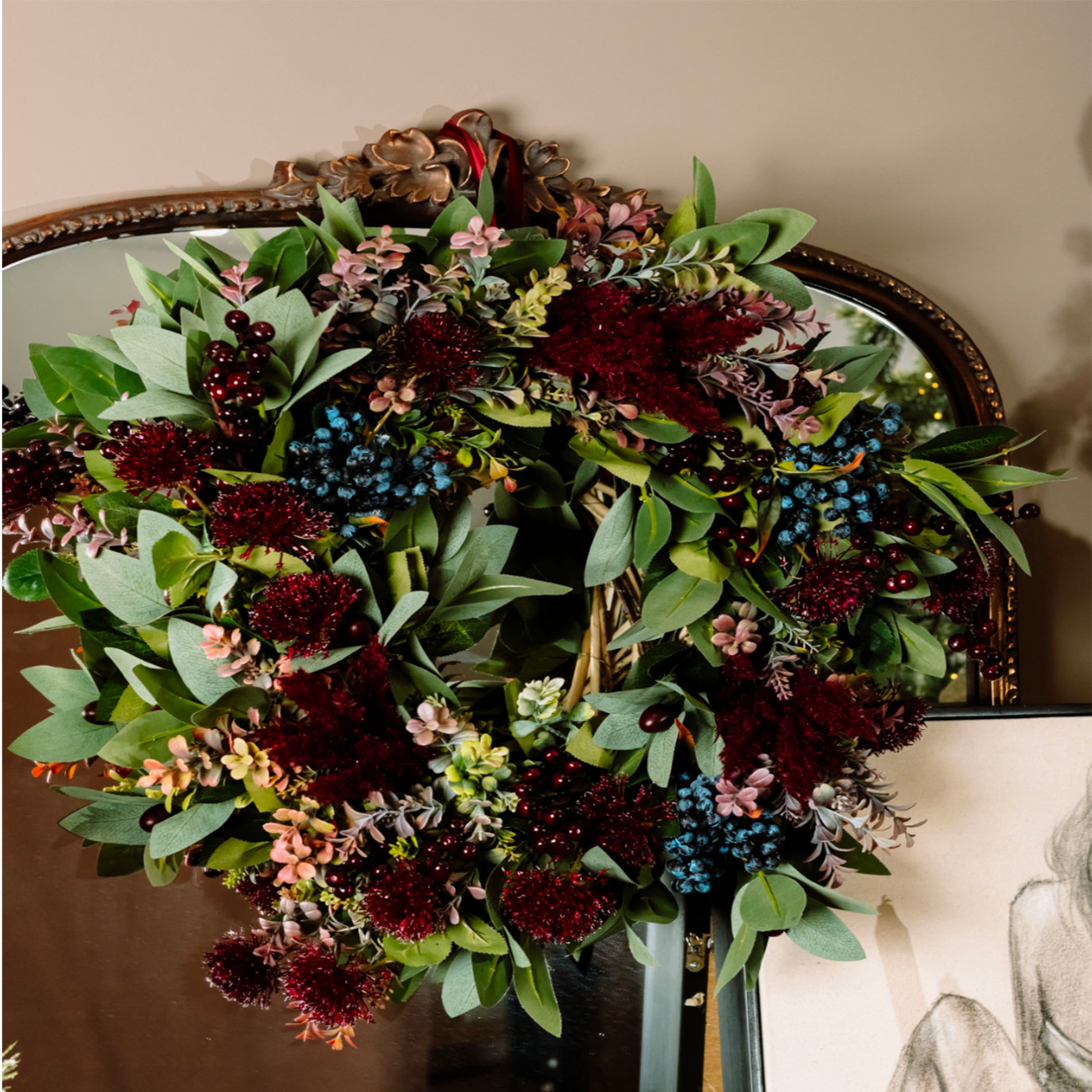 mulberry berry wreath with velvet bow

luxury handcrafted winter wreath

full berry wreath for front door

warm berry mix holiday wreath

red and pink berry wreath for home décor

winter foliage wreath with eucalyptus

unique festive wreath for Christmas decorating

handmade mulberry wreath for front door styling

statement winter wreath with bow

premium artificial/natural berry wreath